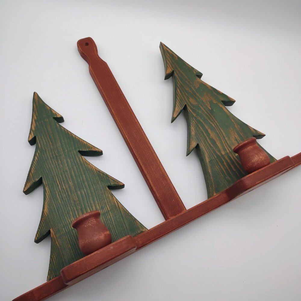 Vintage Primitive Rustic Painted Wood Fir Tree Candlestick Decor, Wall or Table